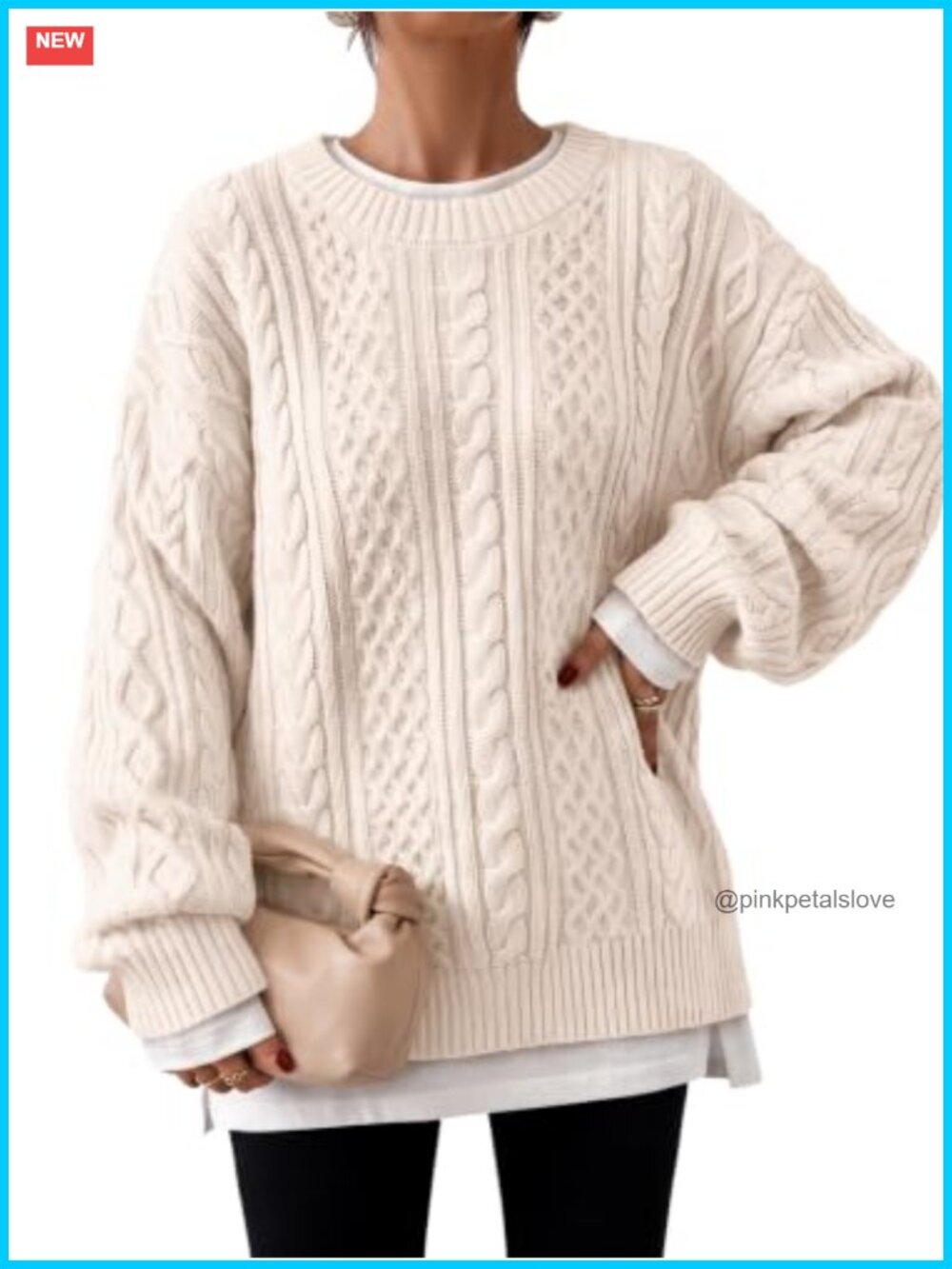 Oversized Cable Knit Chunky Pullover Sweater Cotton Blend Crew Neck